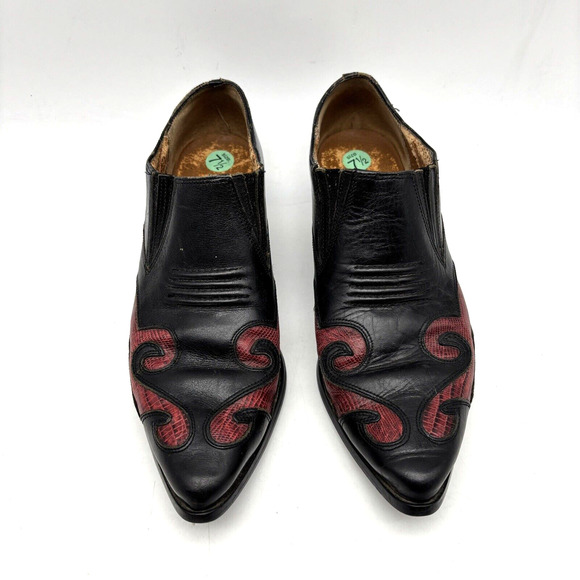 Vintage 80s Nine West Black Leather Reptile Inlay Point Toe Ankle Booties 7.5M - Picture 2 of 16